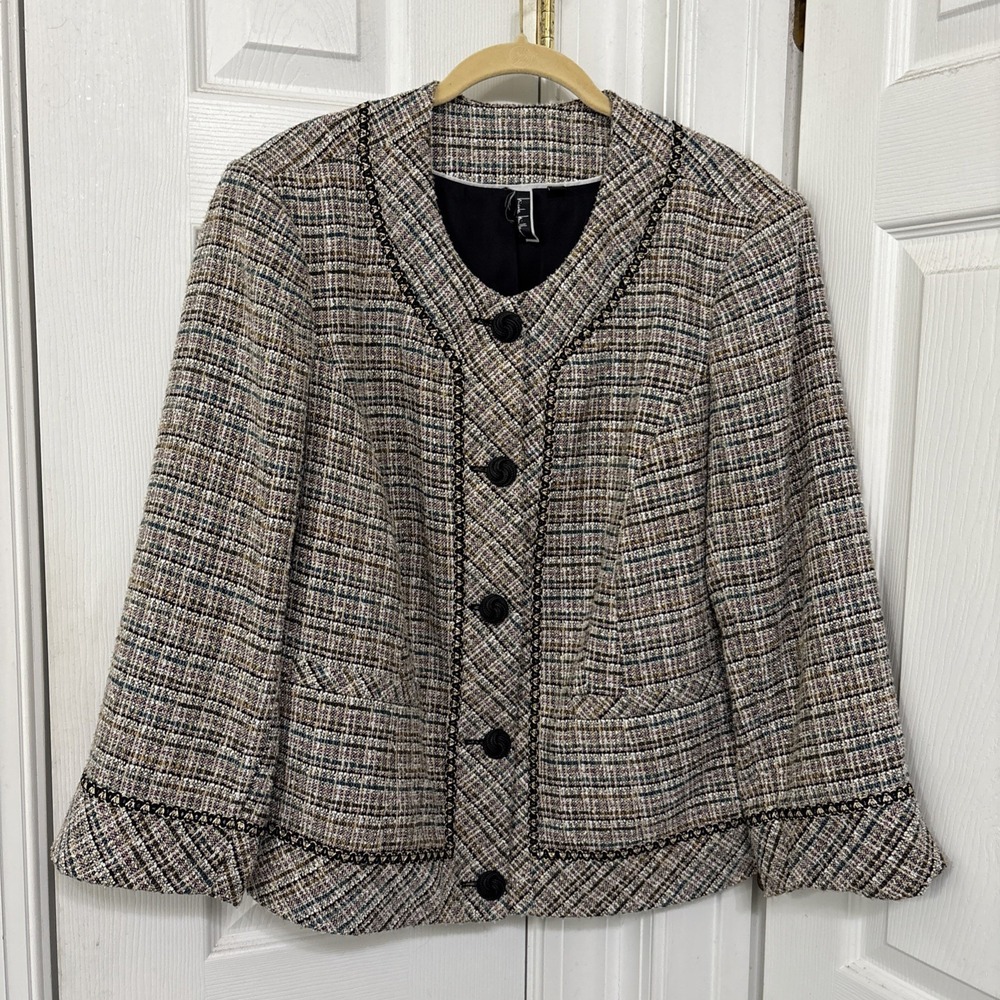 Nicole Miller Mary Kay Tweed Blazer Jacket Button Up Women's 18W Beige Multi
